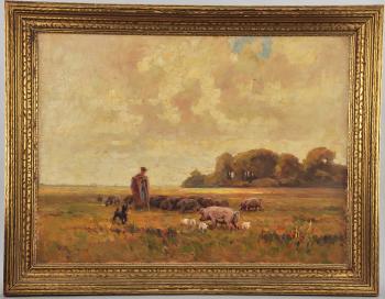 Landscape with herdsman, a drove of pigs, and a bouvier by 
																			Janosch Rakosi-Uitz