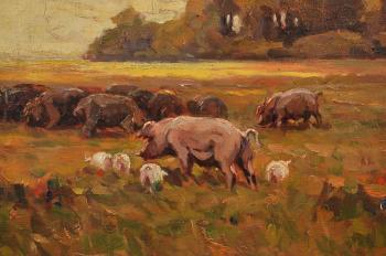 Landscape with herdsman, a drove of pigs, and a bouvier by 
																			Janosch Rakosi-Uitz