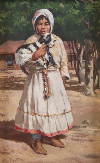 Indian girl with pet goat by 
																	Elmer L Novotny