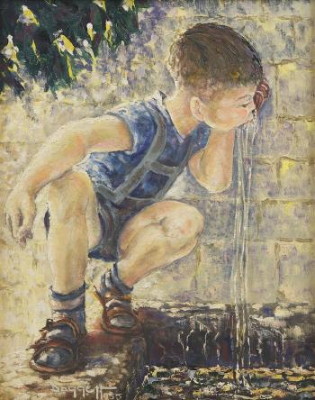 Boy sipping water from a faucet by 
																	Noel Daggett