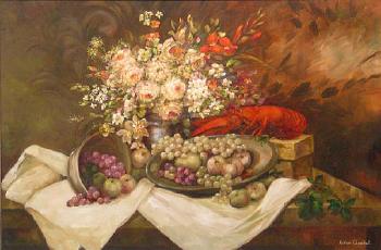 Still life with flowers, fruit and lobster by 
																	Andre E Van Opstal