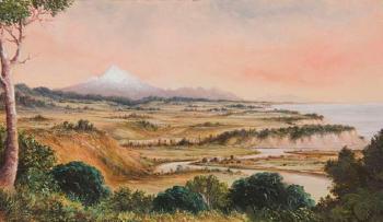 Extensive coastal landscape of Taranaki with a Pa on the Mimi River in the foreground, Urenui township and Mt Egmont beyond by 
																	Edith Stanway Halcombe