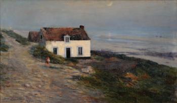 Breton coastal view, a figure and cottage in the foreground, moonlight over a bay in the distance by 
																	William James Laidlay