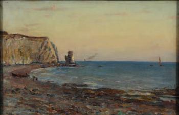 A coastal view, figures on the shore in the foreground, shipping on a distant horizon by 
																	William James Laidlay