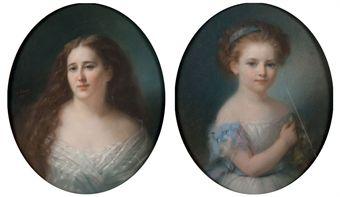 Portrait d'une fillette aux rubans bleus; et Portrait d'une jeune femme aux cheveux longs by 
																	Charles Escot
