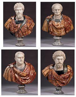 Quatre Bustes En Marbre Polychrome Representant Les Empereurs Romains Marc Aurelius, Septimus Severus, Titus Et Vitellius by 
																	 Italian School