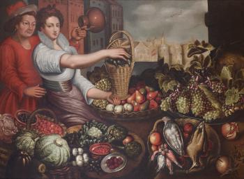 A fruit and vegetable seller and her suitor beside her stall with a townscape beyond by 
																	Jean Baptiste de Saive