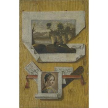 A Trompe L'oeil Still Life With A Sketch Of A Landscape And Saint Apollonia by 
																	Andrea Domenico Remps