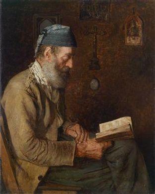 An old man reading by 
																	Alfred Pierre Joseph Jeanmougin