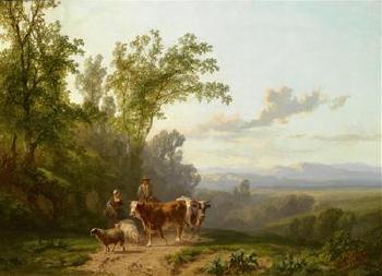 Romantic landscape with shepherd pair by 
																	Alfred Edouard van Bylandt