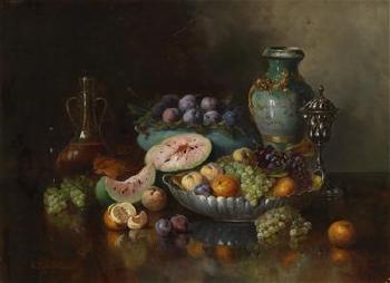 Still life with fruit and splendid decorations by 
																	Anton Raufer-Redwitz