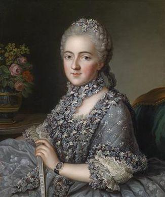 Portrait of an elaborately dressed lady carrying a miniature portrait of her husband on a bracelet set with brilliants by 
																	Guillaume Voiriot