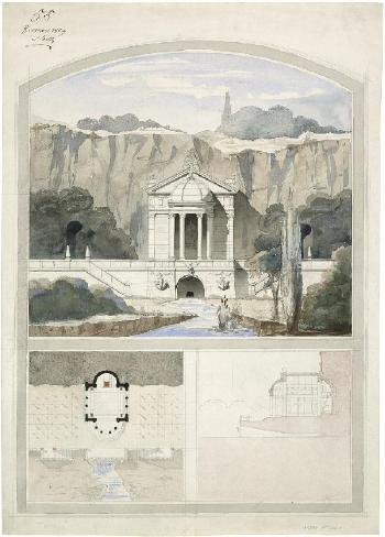Entwurf zu einem antikisierenden Tempel über einer Felsquelle, nebst Grundriss und Querschnitt by 
																	Alfred Lambert Vaudoyer