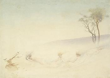 Vier Wassernymphen in einer Traumlandschaft, rechts mit einem Baum im Wind by 
																	Charles Prosper Sainton