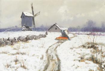 Schneelandschaft mit Windmühle und einem Mann auf einem Schlitten by 
																	Alexej Jegorov