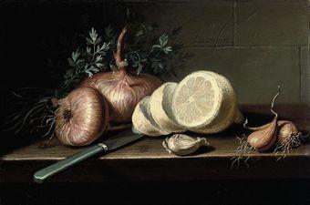 A partly-pealed lemon, a clove of garlic, onions, and a knife on a table by 
																	Pierre Labatie