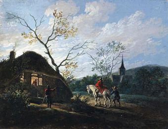 A Dutch winter landscape with a horse-drawn sleigh on a frozen river; and Travellers arriving at an inn at dusk (illustrated) by 
																	Dirk van der Laen