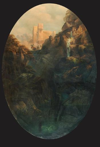 Paesaggio montano con castello sullo sfondo e schermaglia tra soldati su un ponte by 
																	Massimo d'Azeglio