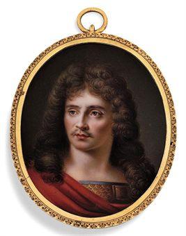 Molière (1622-1673), in the role of Caesar in Pierre Corneille's The Death of Pompey, in blue-bordered gold tunic simulating fish skin, red cloak draped over his right shoulder, long curling wig and moustache by 
																	Jean Baptiste Joseph Duchesne de Gisors