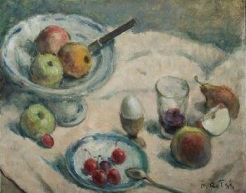 Still life with apple compote and saucer of cherries by 
																	Prosper Rotge