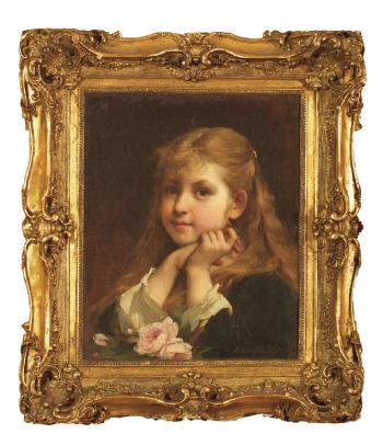 Portrait of a young girl with pink roses by 
																	Adelaide Salles-Wagner