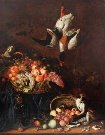 Nature morte aux paniers de fruits animée d’un singe et d’un perroquet by 
																	Franz Cuyck van Mierhop