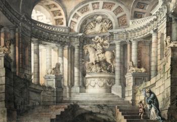 Projet d’entrée monumentale avec sculpture équestre dans un escalier baroque by 
																	George Francois Blondel