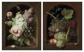 Roses, hyacinth and other flowers in a glass vase in a stone niche; and Grapes, cherries and wheat with a snail in a stone niche by 
																	Georg Frederik Ziesel