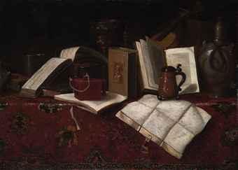 Books, a silver beaker, a gilt cup, a candle, a violin, and other vessels, on a carpet-draped table by 
																	 Pseudo-Roestraten