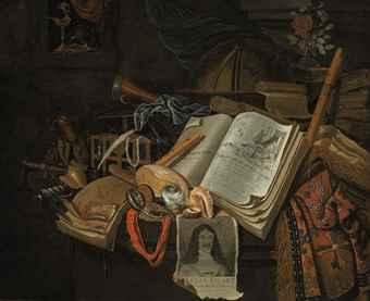 A Vanitas with a print of a portrait of King Charles II of England, shells, musical instruments, a globe and other objects, on a stone ledge by 
																	Barend van Eysen
