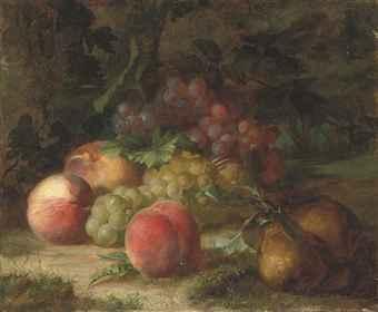 Peaches, pears and grapes on a mossy bank by 
																	Jean Maisiat