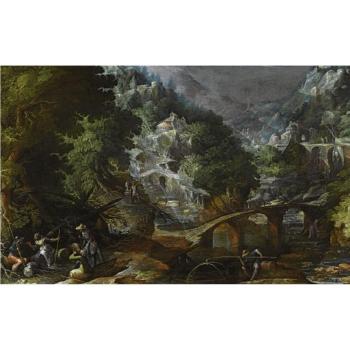 A Mountainous Forest Landscape With Several Bridges Crossing A River, With Figures Resting In The Foreground by 
																	Frederik van Valckenborch