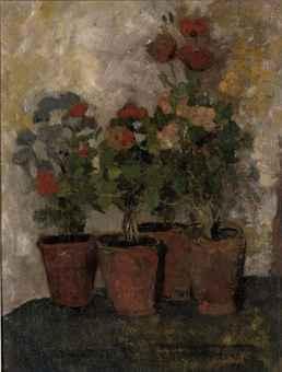 Still life with potted flowers by 
																	Carel Bernardus Dankmeyer