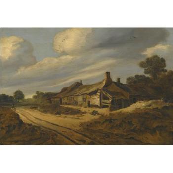 Two Figures Passing Along A Road Before A Group Of Cottages by 
																	Cornelis van Zwieten