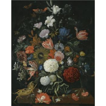 Still Life Of Flowers In A Vase On A Stone Ledge With A Corn Cob And A Snail by 
																	Jakobus Rootius