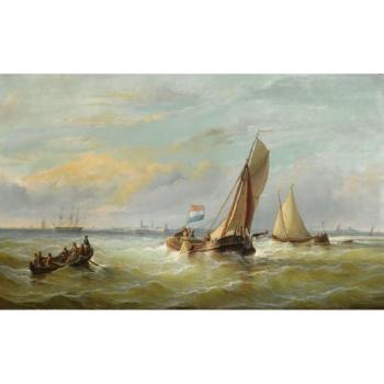 Fishing Boats On Choppy Waters, Possibly Vlissingen In The Background by 
																	Christian Cornelis Kannemans