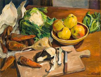 Küchenstillleben mit Obst und Gemüse by 
																	Arnold Hartleff