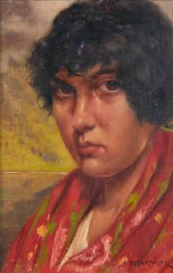 Portrait de femme au châle rouge by 
																	Franz Obermuller