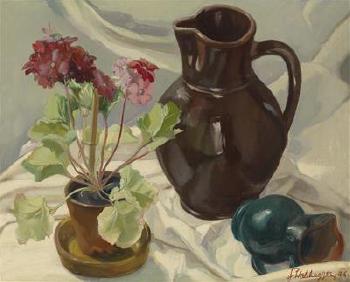 A still life with primroses and jugs by 
																	Franz Walchegger