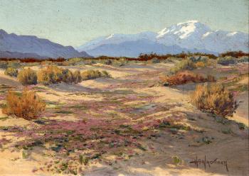 Desert landscape with snow-capped Mt San Jacinto Peak in the distance by 
																			Harry B Wagoner
