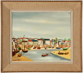 Reflux, French village with boats and figures in a bay by 
																			Claude Tabet