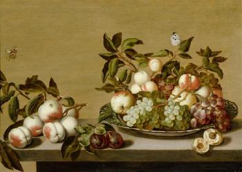 Fruit still life in a porcelain bowl on a table with insects by 
																	Bartholomeus Assteyn