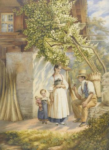 Family idyll before a peasant house by 
																	Johannes Notz