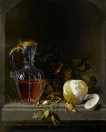 Still life in a niche with lemon, a façon de Venise wineglass, chestnuts, hazelnuts and a glass jug by 
																	Jacob van Walscapelle