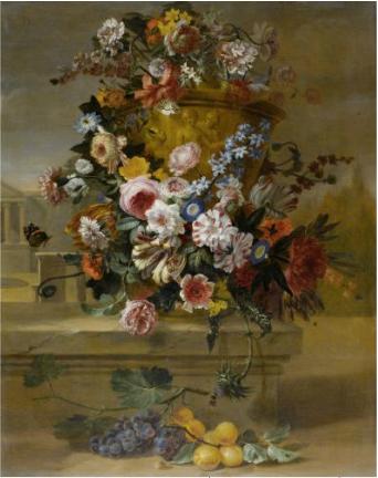 Still life of flowers in a terracotta vase and with fruits before a Mediterranean park setting by 
																	Egidius Nuemans
