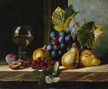 Still life of fruit and wine on a ledge by 
																	Adriaen Huygens