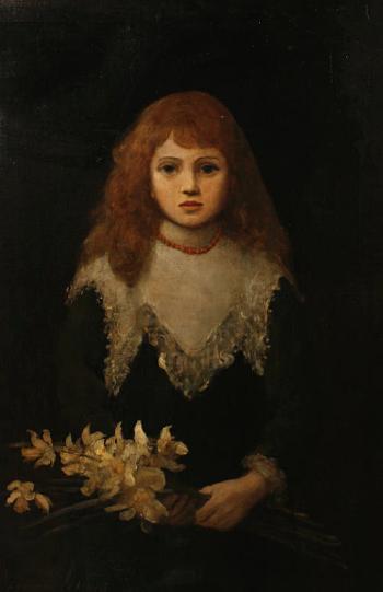 Portrait of a girl holding a bouquet of daffodils by 
																	Louise Jopling