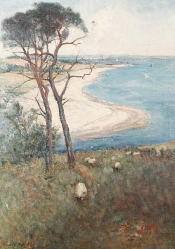 Sheep grazing on a hillside with a coastal view beyond by 
																	Alexander Wellwood Rattray