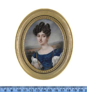 A lady, wearing blue dress with short white puff sleeves and white under-dress with sheer long puff sleeves and lace trim to her décolleté, a long gold ribbon with blue borders suspended from her neck, her brown hair… by 
																	Charles Noisot