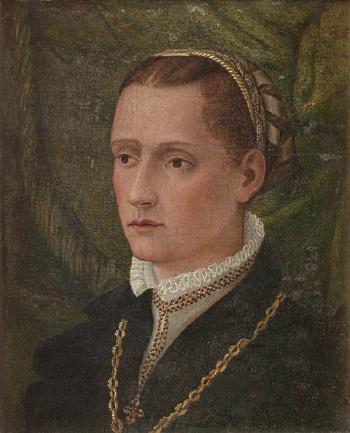 Portrait of a lady, bust-length, in a black dress and a white collar, wearing a gold chain, before a green velvet curtain by 
																	Lorenzo Lotto